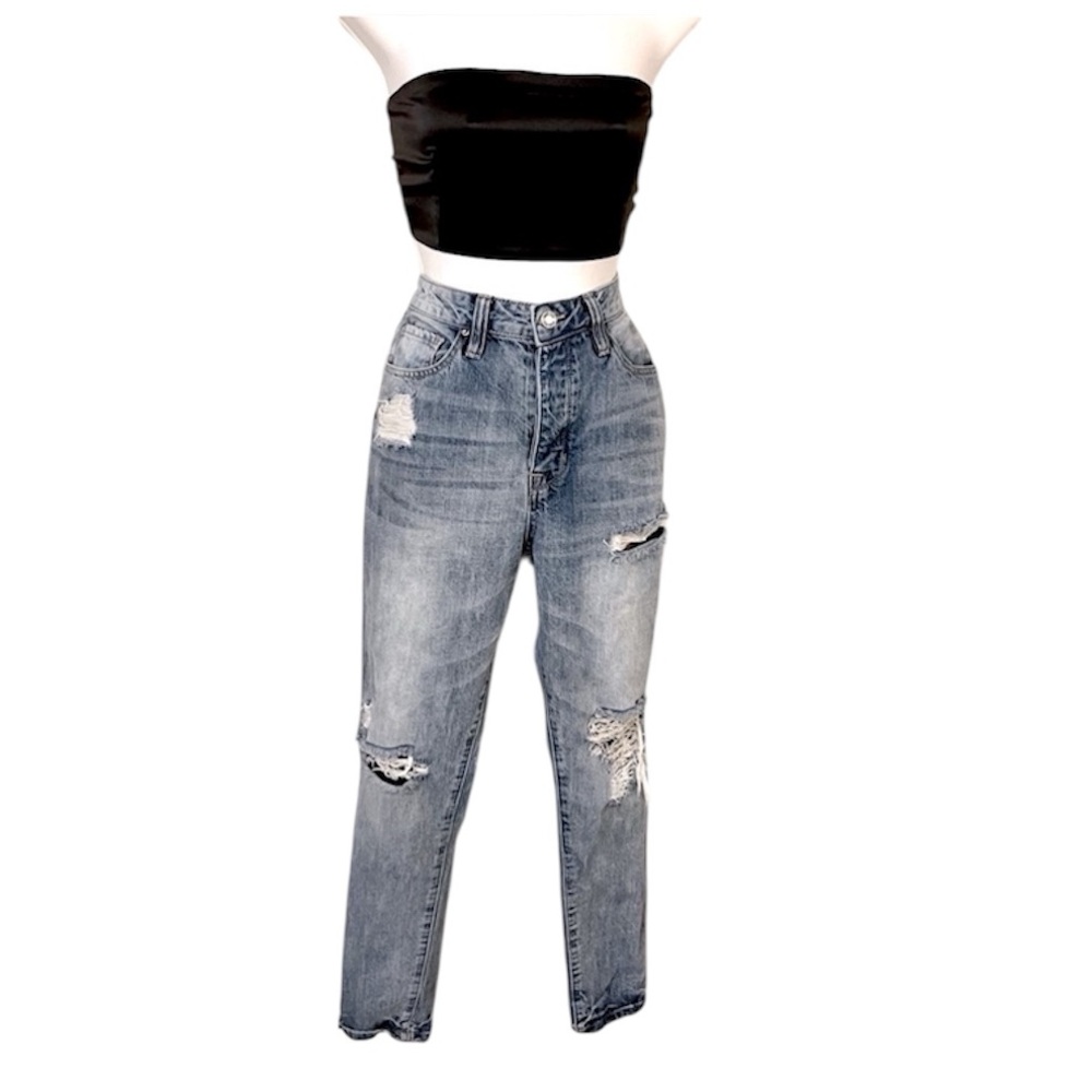 Angel Kiss High Waisted Distressed Button Fly Ripped Blue Jeans Sz 9 - Picture 2 of 6
